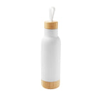 Termo personalizado de acero inoxidable con tapa y base de bambú, aislamiento al vacío y capacidad de 630 ml.