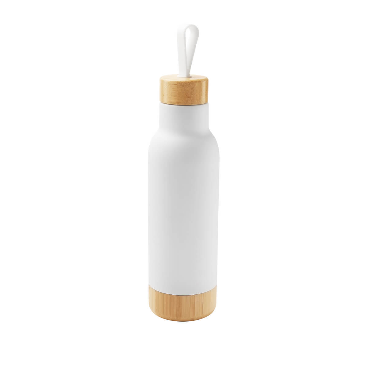 Termo personalizado de acero inoxidable con tapa y base de bambú, aislamiento al vacío y capacidad de 630 ml.