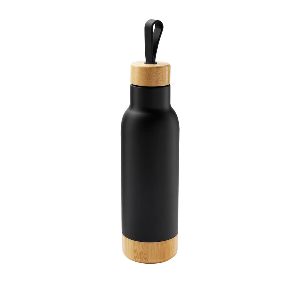 Termo personalizado de acero inoxidable con tapa y base de bambú, aislamiento al vacío y capacidad de 630 ml.