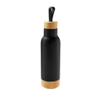 Termo personalizado de acero inoxidable con tapa y base de bambú, aislamiento al vacío y capacidad de 630 ml.