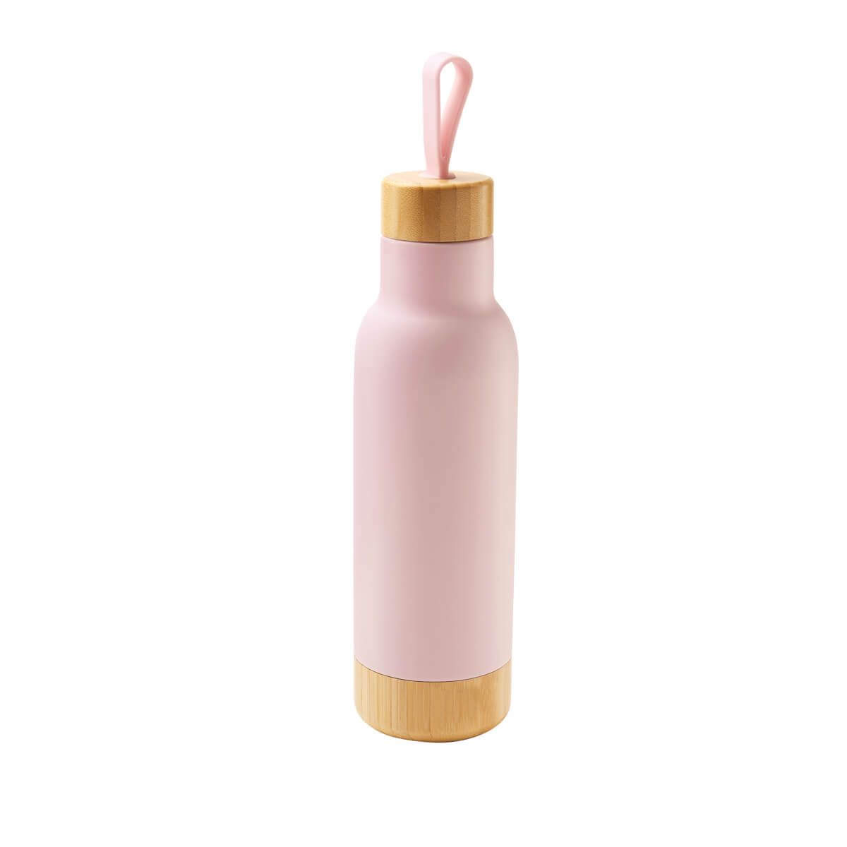 Termo personalizado de acero inoxidable con tapa y base de bambú, aislamiento al vacío y capacidad de 630 ml.