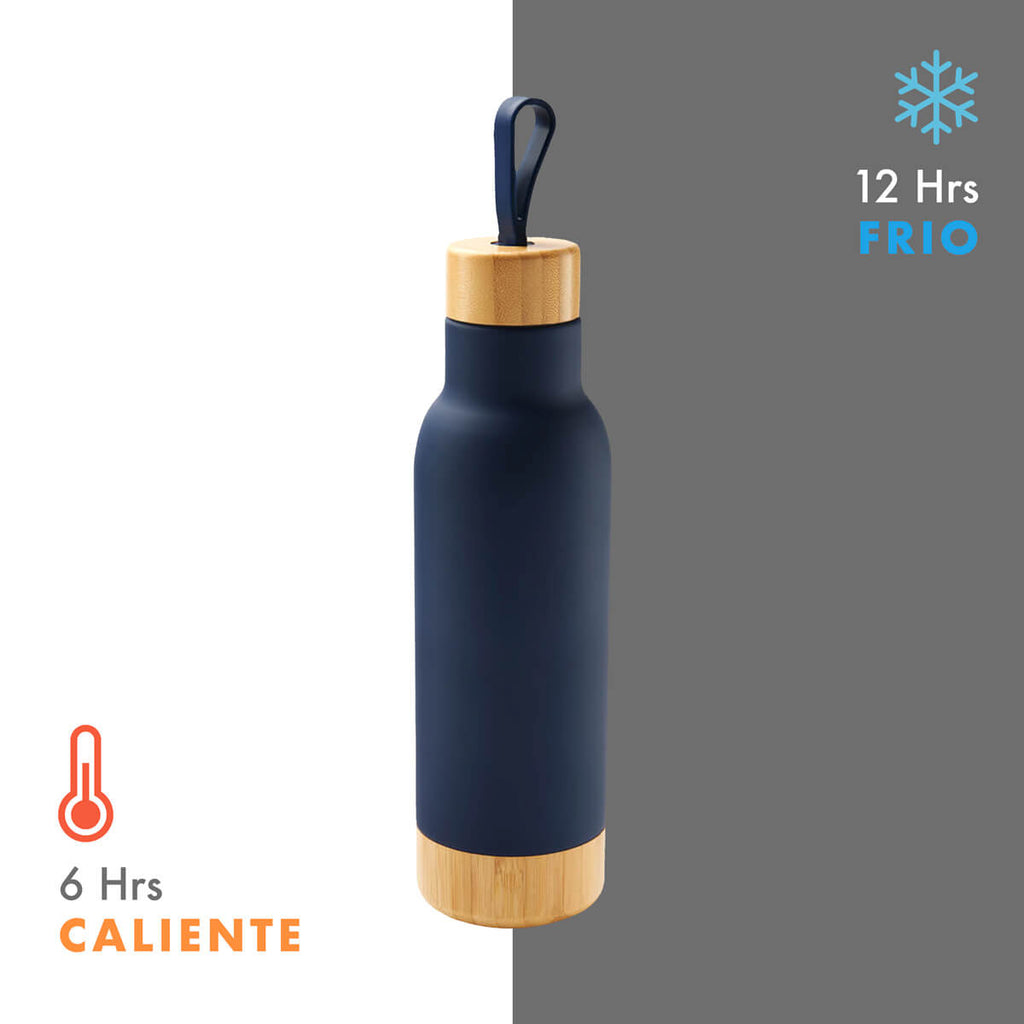 Termo personalizado de acero inoxidable con tapa y base de bambú, aislamiento al vacío y capacidad de 630 ml.