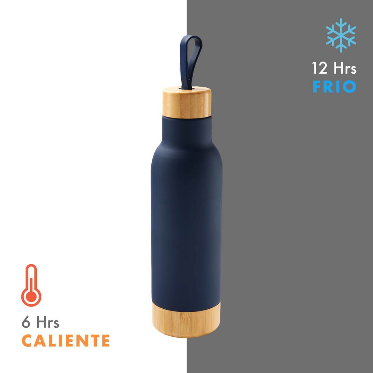 Termo personalizado de acero inoxidable con tapa y base de bambú, aislamiento al vacío y capacidad de 630 ml.