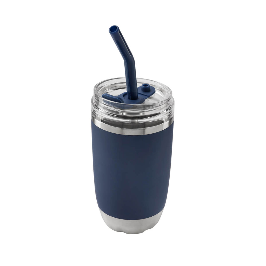 Termo de acero inoxidable personalizado de 470 ml con popote metálico y tapa push para empresas.