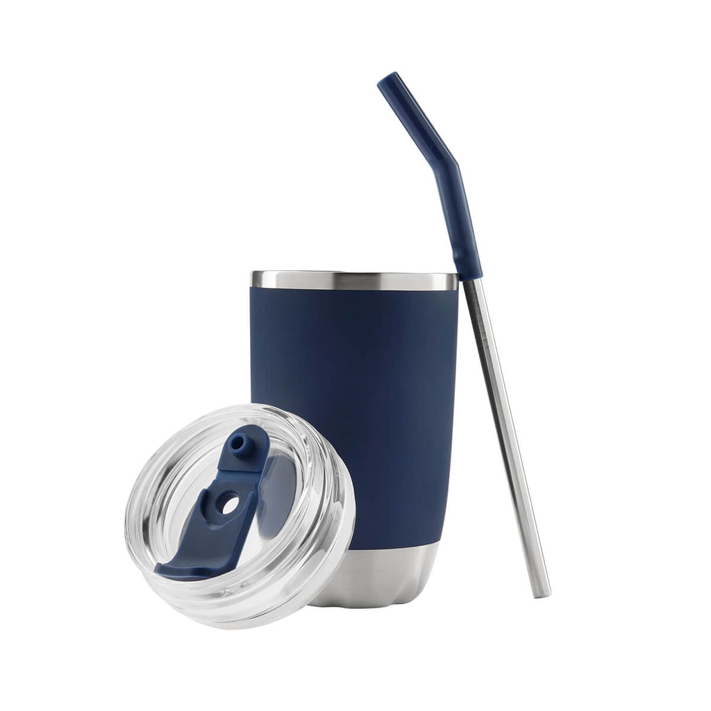 Termo de acero inoxidable personalizado de 470 ml con popote metálico y tapa push para empresas.