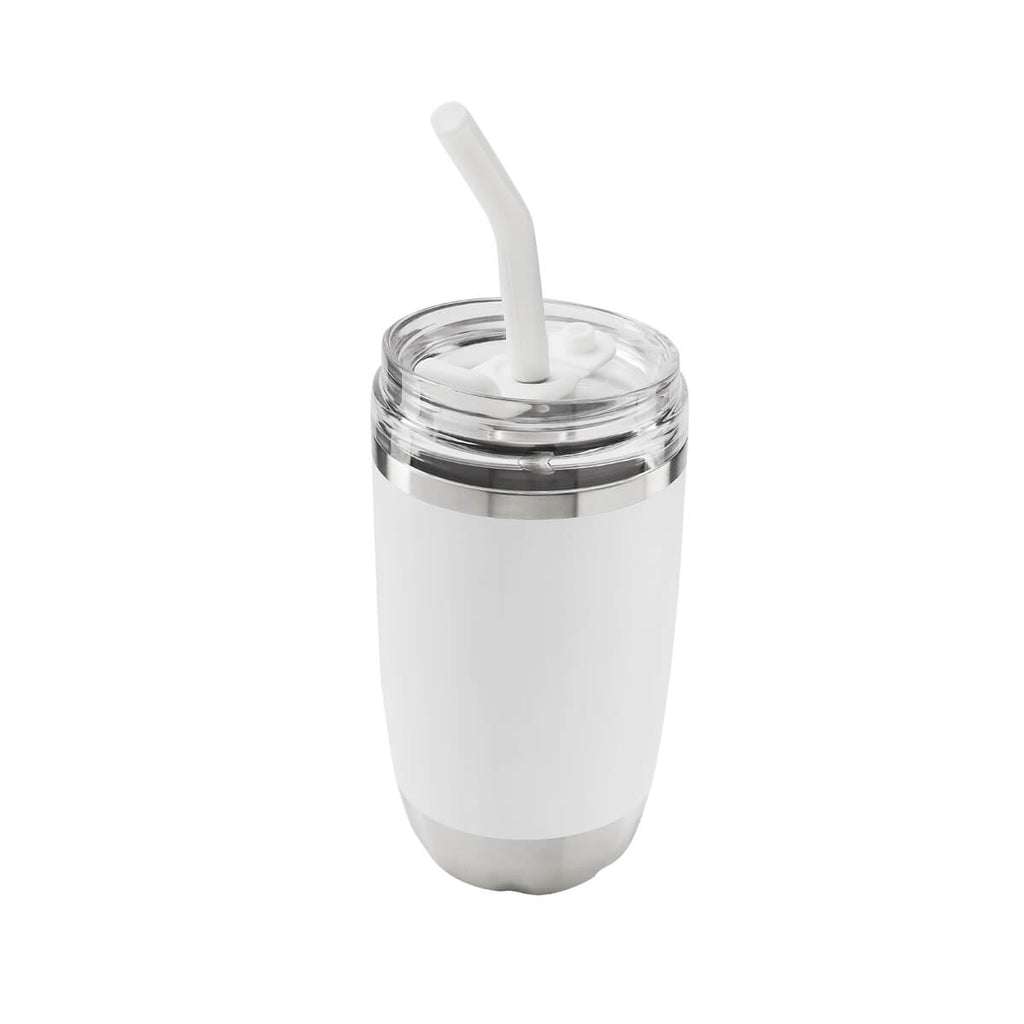 Termo de acero inoxidable personalizado de 470 ml con popote metálico y tapa push para empresas.
