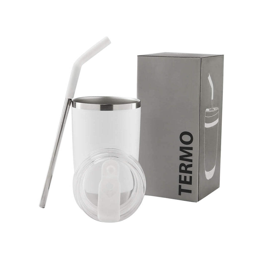 Termo de acero inoxidable personalizado de 470 ml con popote metálico y tapa push para empresas.
