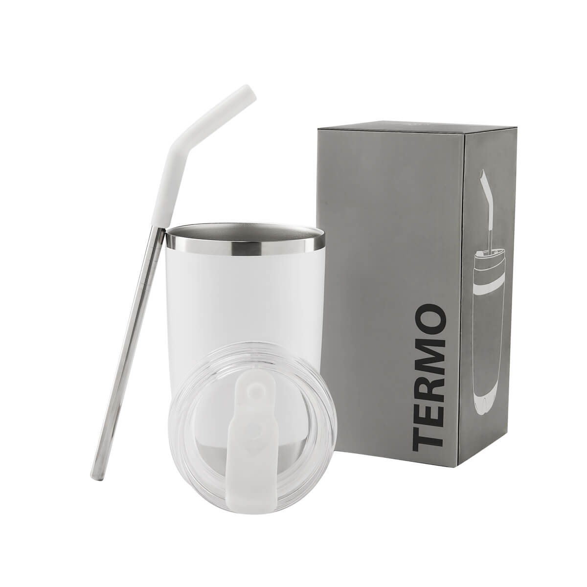 Termo de acero inoxidable personalizado de 470 ml con popote metálico y tapa push para empresas.