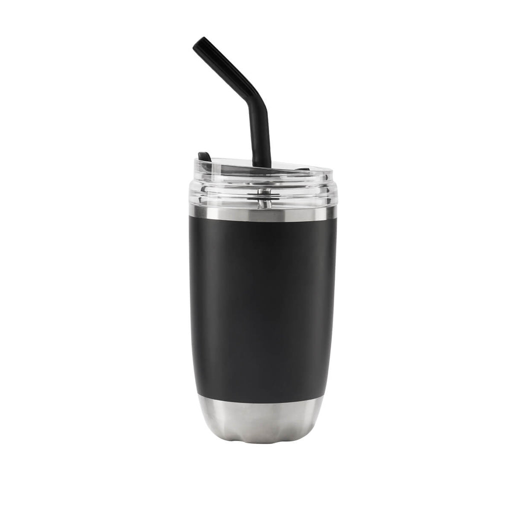 Termo de acero inoxidable personalizado de 470 ml con popote metálico y tapa push para empresas.