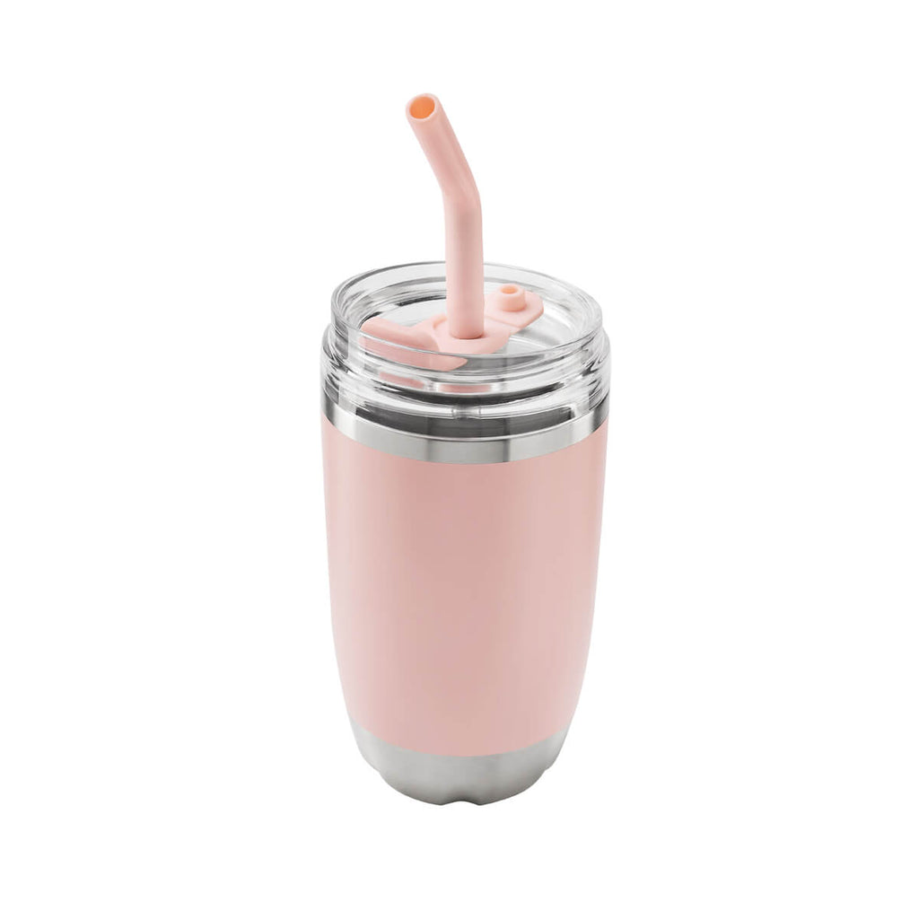 Termo de acero inoxidable personalizado de 470 ml con popote metálico y tapa push para empresas.