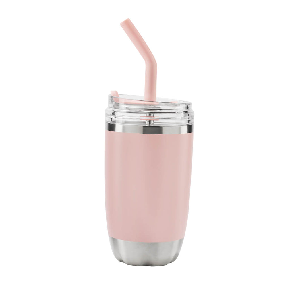 Termo de acero inoxidable personalizado de 470 ml con popote metálico y tapa push para empresas.