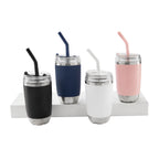 Termo de acero inoxidable personalizado de 470 ml con popote metálico y tapa push para empresas.