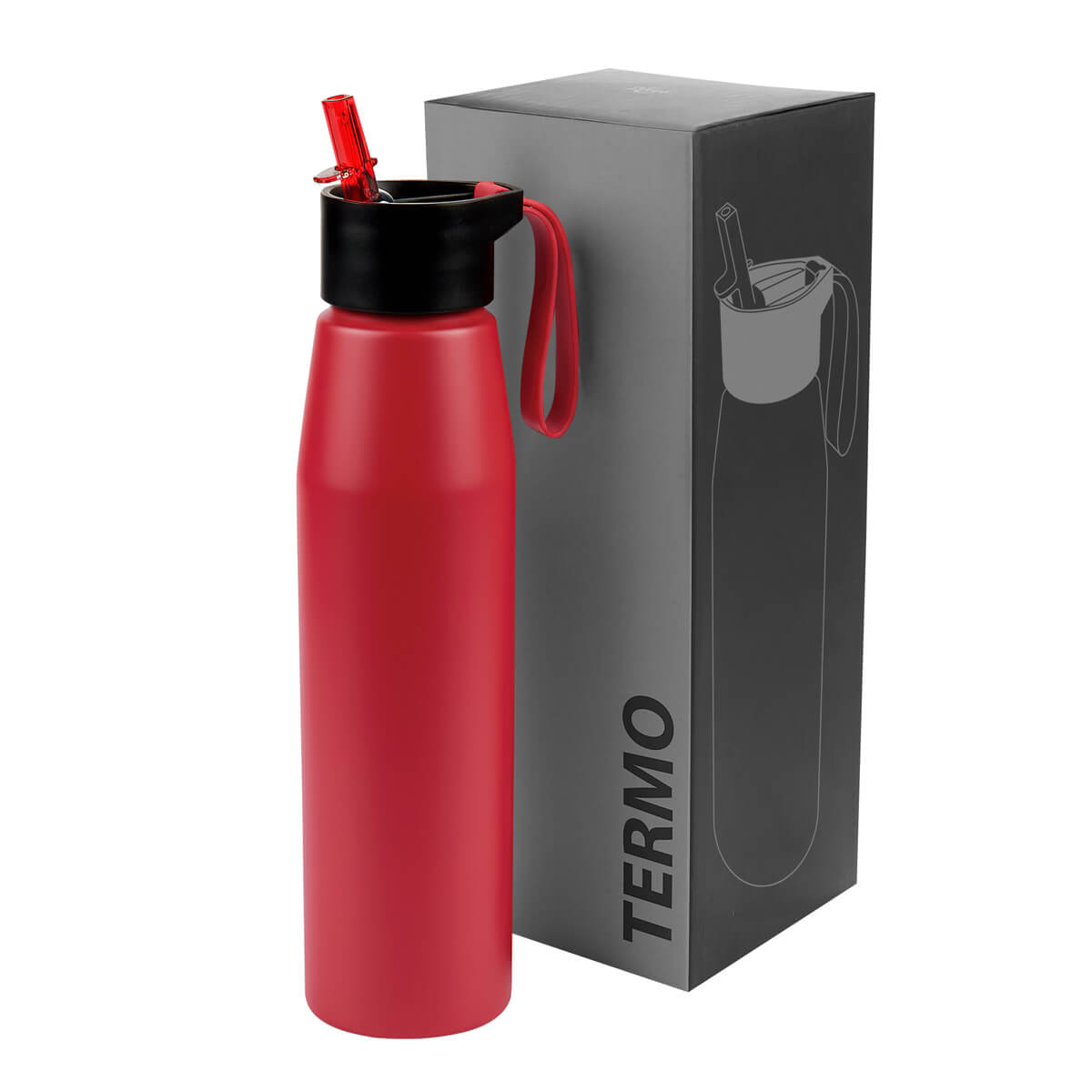 Cilindro de aluminio personalizado de 700 ml con popote, boquilla plegable y asa de silicón para empresas.