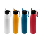 Cilindro de aluminio personalizado de 700 ml con popote, boquilla plegable y asa de silicón para empresas.