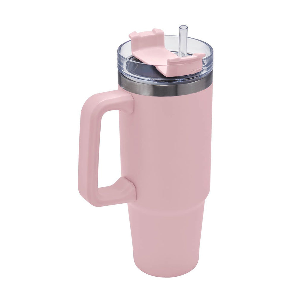 Termo de acero inoxidable personalizado de 850 ml con popote, asa y tapa de tres posiciones para empresas.