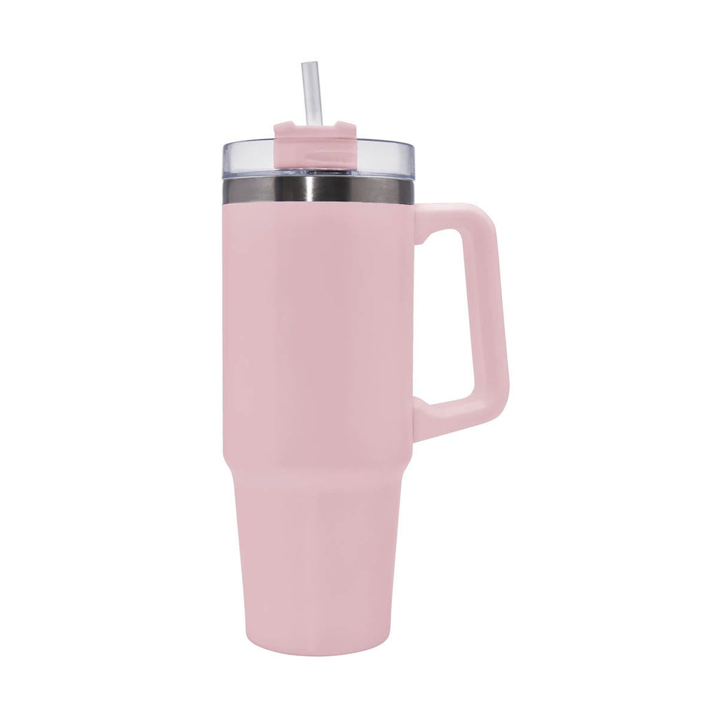 Termo de acero inoxidable personalizado de 850 ml con popote, asa y tapa de tres posiciones para empresas.