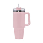 Termo de acero inoxidable personalizado de 850 ml con popote, asa y tapa de tres posiciones para empresas.