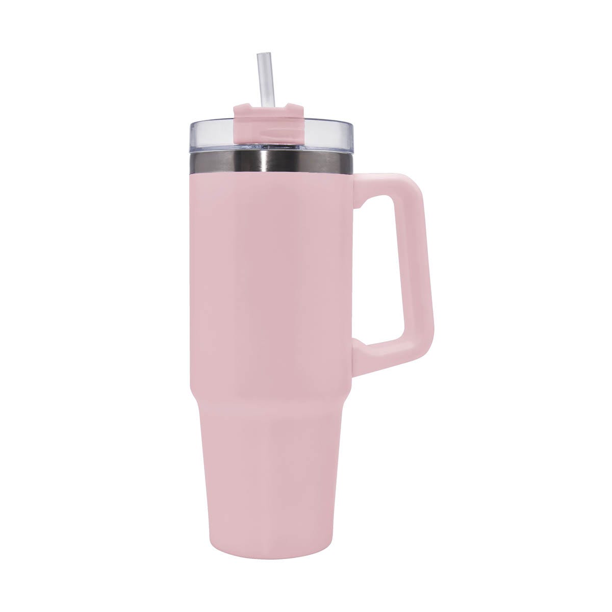 Termo de acero inoxidable personalizado de 850 ml con popote, asa y tapa de tres posiciones para empresas.